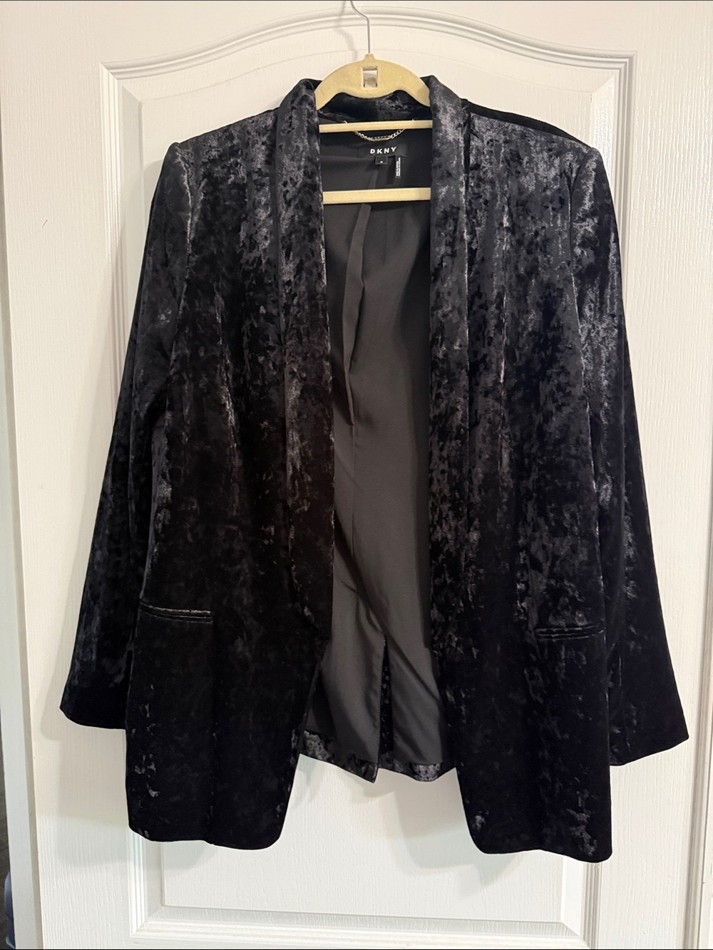 DKNY Black Crushed Velvet Open-Front Blazer